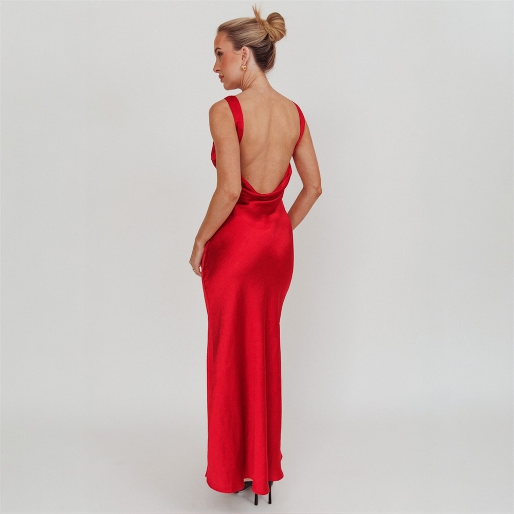 Here Comes the Sun Carmine Satin Sleeveless Maxi Dress Wine Red Medium 6